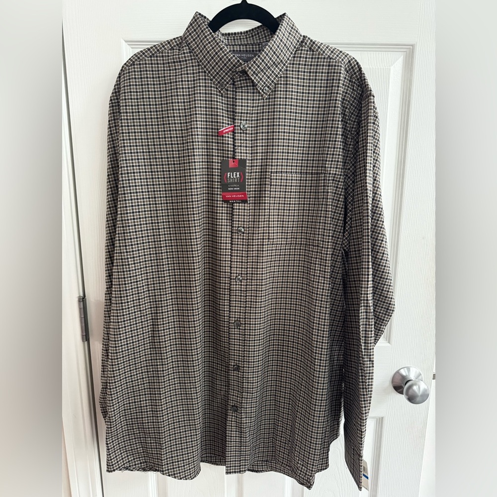 Van Heusen Men’s Black and Brown Casual Button Down Shirt Neck Size 17 - 17.5